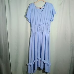 Women's Light Blue Midi Dress V Neck Short Sleeve Ruffle Hem Flowy Casual Dress